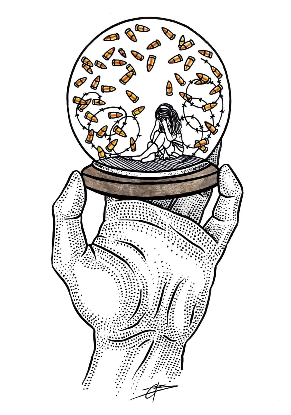 A hand holds a snow globe in which a lone figure sits among falling debris.
